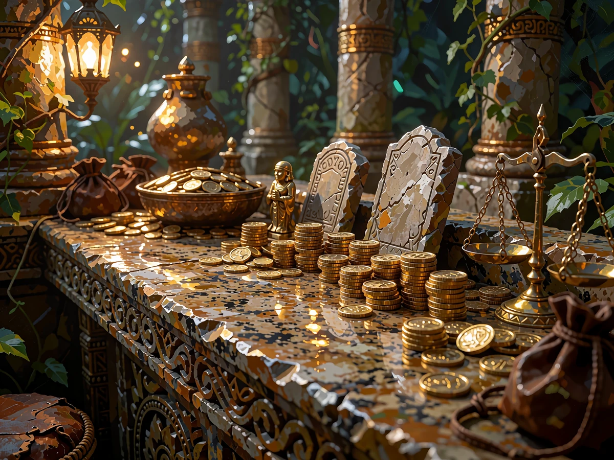 Kamienny stragan skarbca z monetami, złotym idolem i tabliczkami - Coin Shop programu VIP Sankra Casino