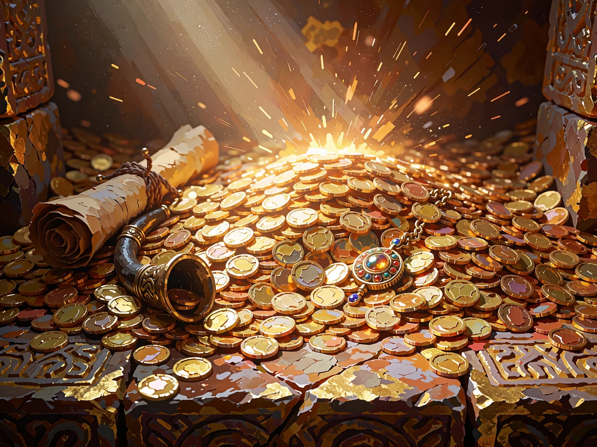 Kopiec złotych monet, zw&oacute;j i amulet rozświetlony błyskiem światła - symbol pakietu powitalnego Sankra Casino