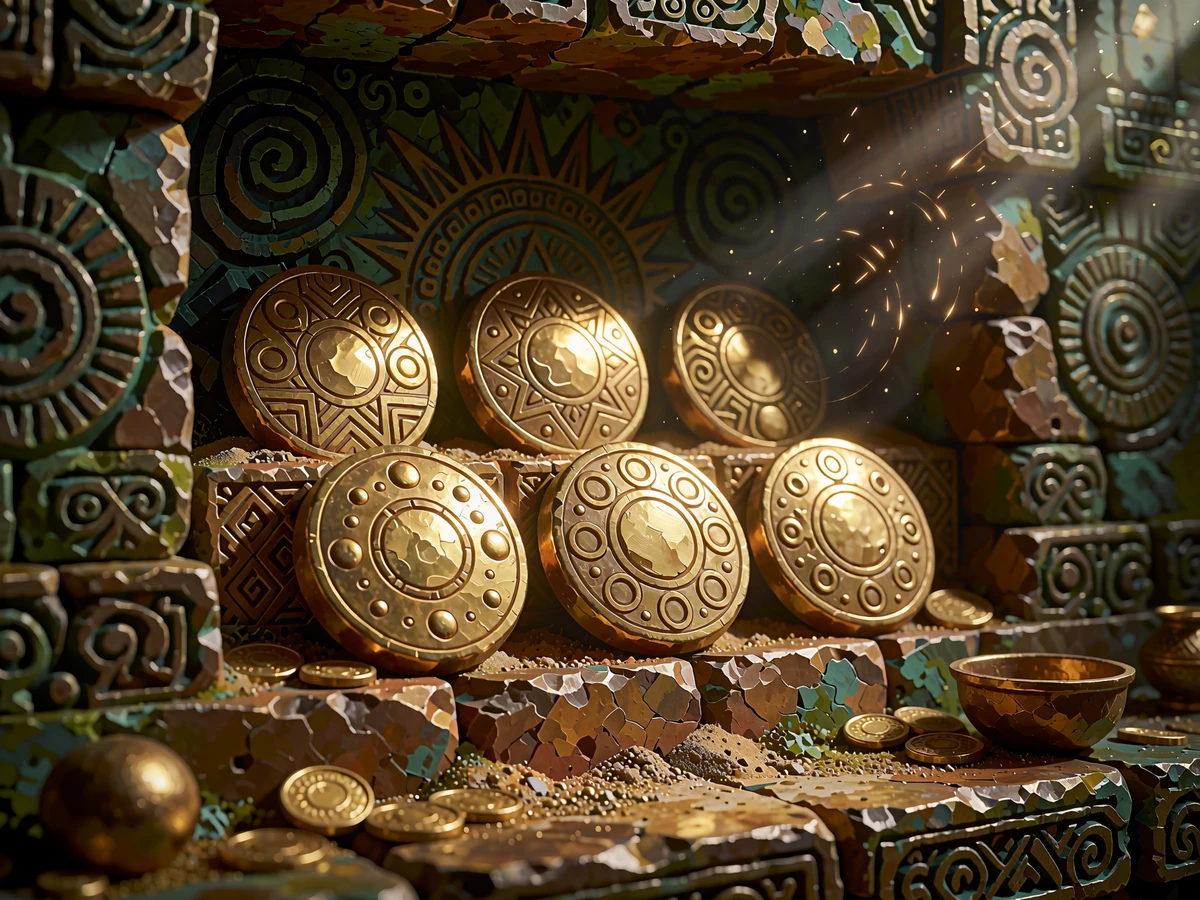 Sześć złotych relikt&oacute;w z wygrawerowanymi wzorami ułożonych w kamiennej niszy symbolizujące kryptowaluty w Sankra Casino